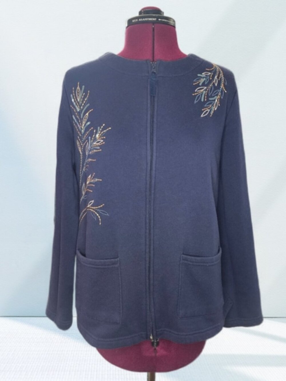 Breckenridge Navy Blue Embroidered Shacket Pockets Zip Up